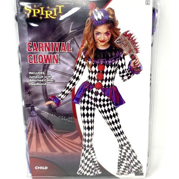 Spirit Halloween Kids Carnival Clown Costume Jumpsuit Collar Headband Hat - Picture 5 of 7